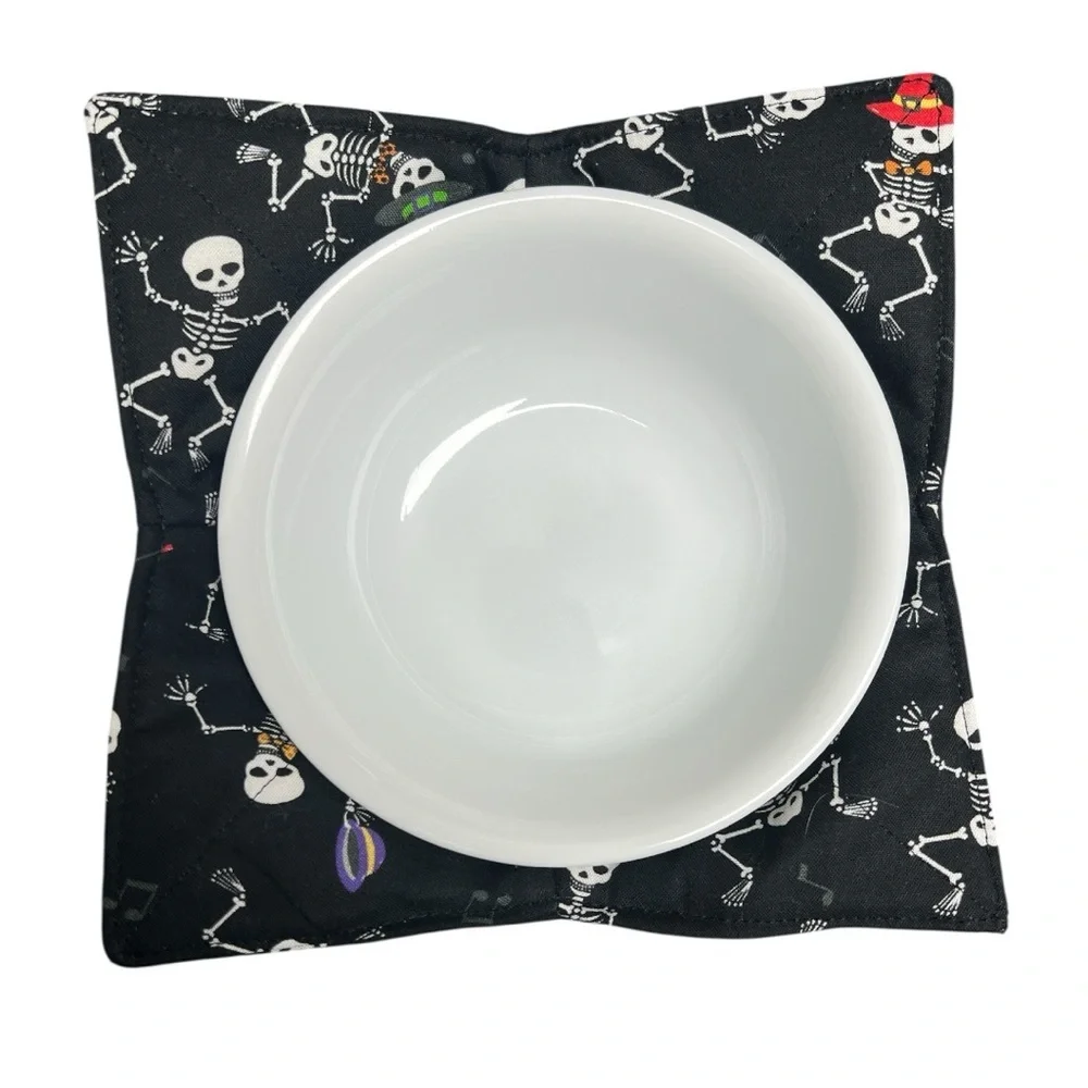 Hand Crafted Bowl Cozy Bowl Holder Microwavable  Cotton Black Halloween Skeleton